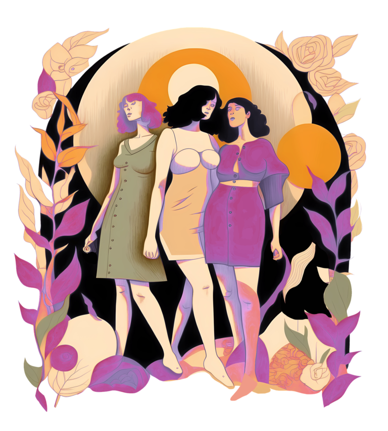 Dessin de trois femmes debout représentant la journée internationale des droits des femmes